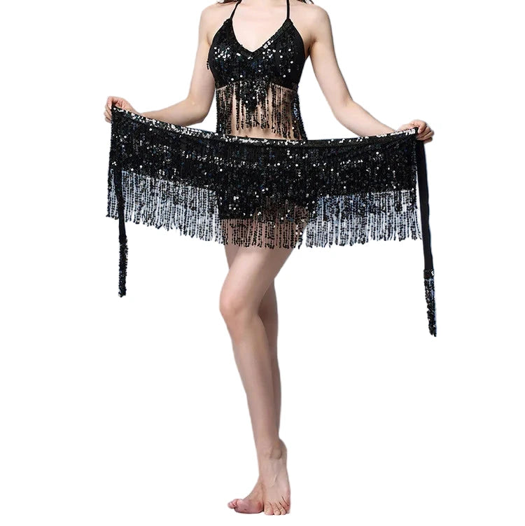 Sequin Fringe Halter Top & Hip Scarf