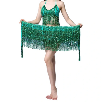 Sequin Fringe Halter Top & Hip Scarf